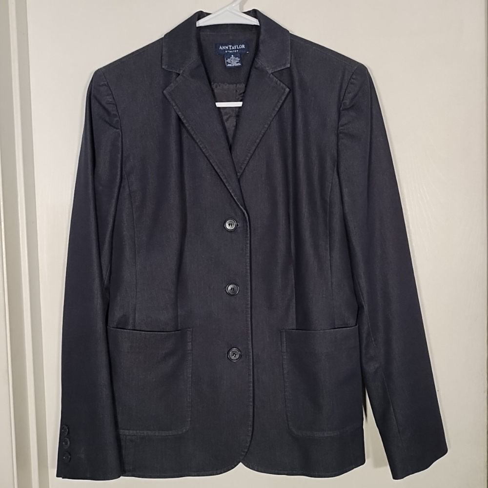 Ann Taylor Stretch Blazer Women's 4 Chambray Blue 3 Button Pockets Lined